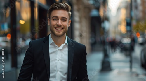 portrait of a handsome smiling young businessman boss in a black suit walking on a city street to his company office. blurry street background, confident © pinkrabbit