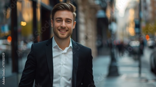 portrait of a handsome smiling young businessman boss in a black suit walking on a city street to his company office. blurry street background, confident