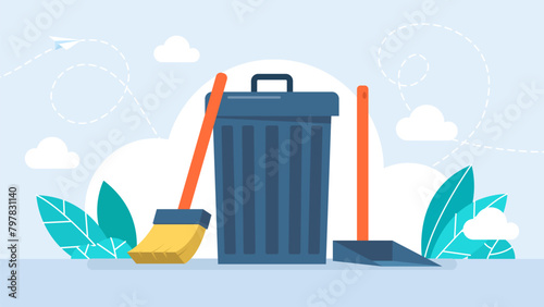 Trash can, broom, scoop. Recycle bin with dustpan and broom. Cleaning equipment trash can broom scoop on white background. Vector illustration