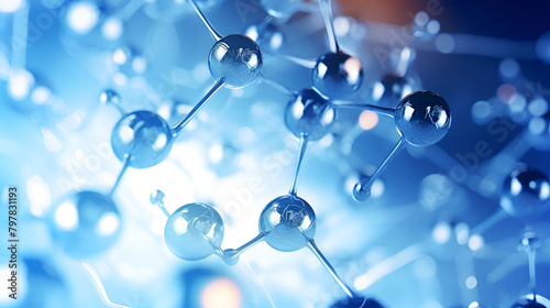 A blue and white molecules with a blue background concept of chemistry 