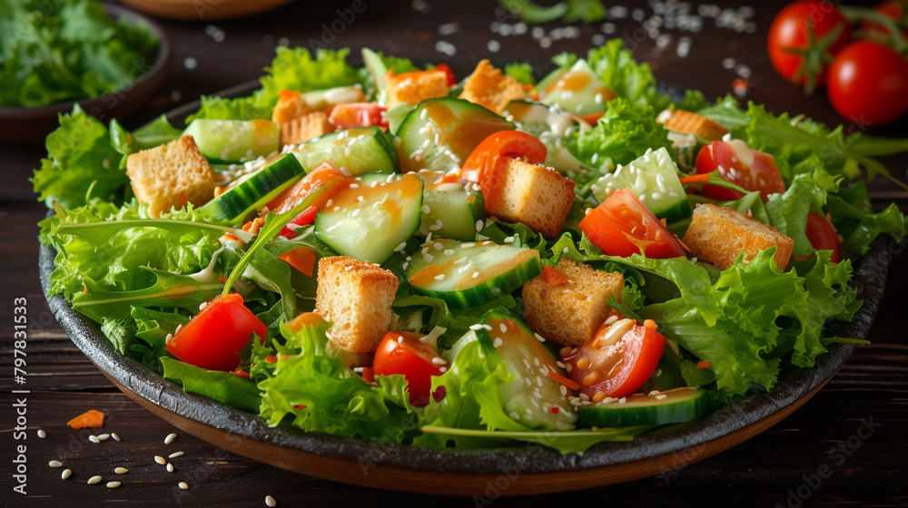 A salad with lettuce, tomatoes, cucumbers, cheese, and croutons, drizzled with dressing and sprinkled with sesame seeds.