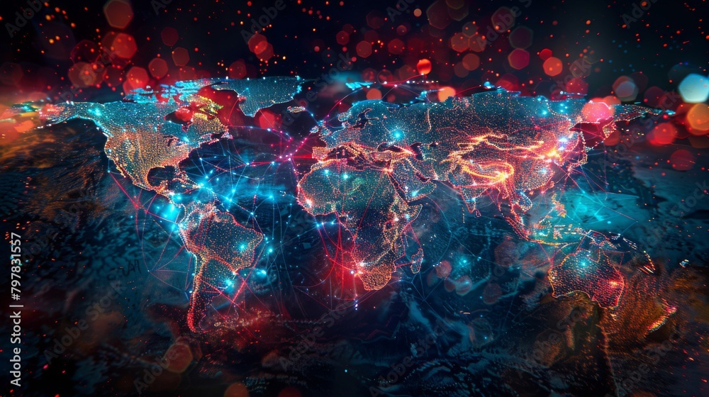 A world map overlaid with 5G network coverage areas