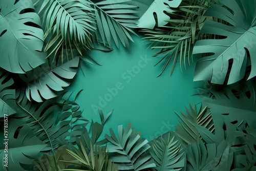 green paper leaves at the space between a green background