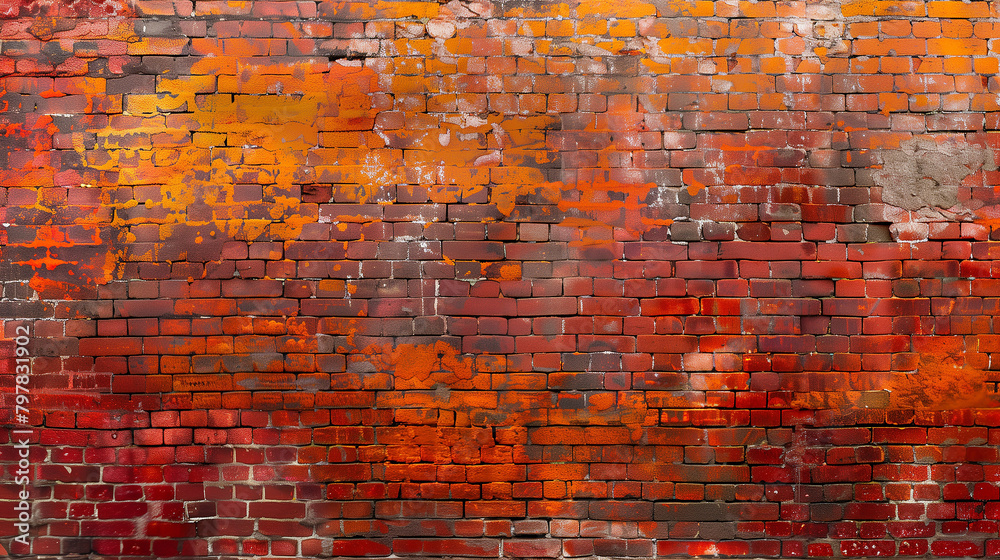 A brick wall with orange paint on it. The wall is covered in dirt and has a lot of cracks A brick wall with orange paint on it. The wall is covered in dirt and has a lot of cracks