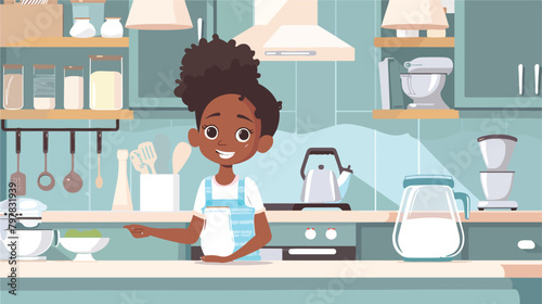 Little AfricanAmerican girl with milk in kitchen vector photo