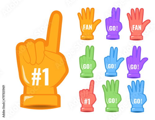 Set of foam hand fingers. Number One and GO design. Sport supporting sign number one fan. Website page and mobile app design. Elements to illustrate sports support. Vector flat illustration