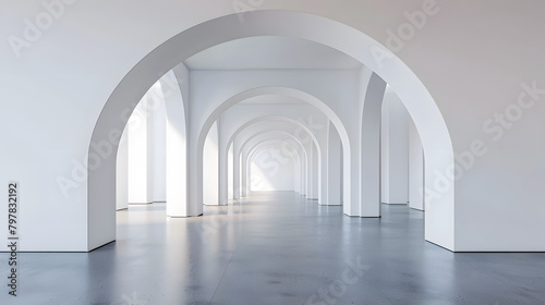 Minimalist 3D art gallery with an archway 
