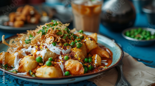 A side view of a plate of samosa chaat with deep-fried pastries filled with potatoes, peas, and spices, crushed and topped with yogurt, tamarind chutney, sev, and spices, and served with green peas.