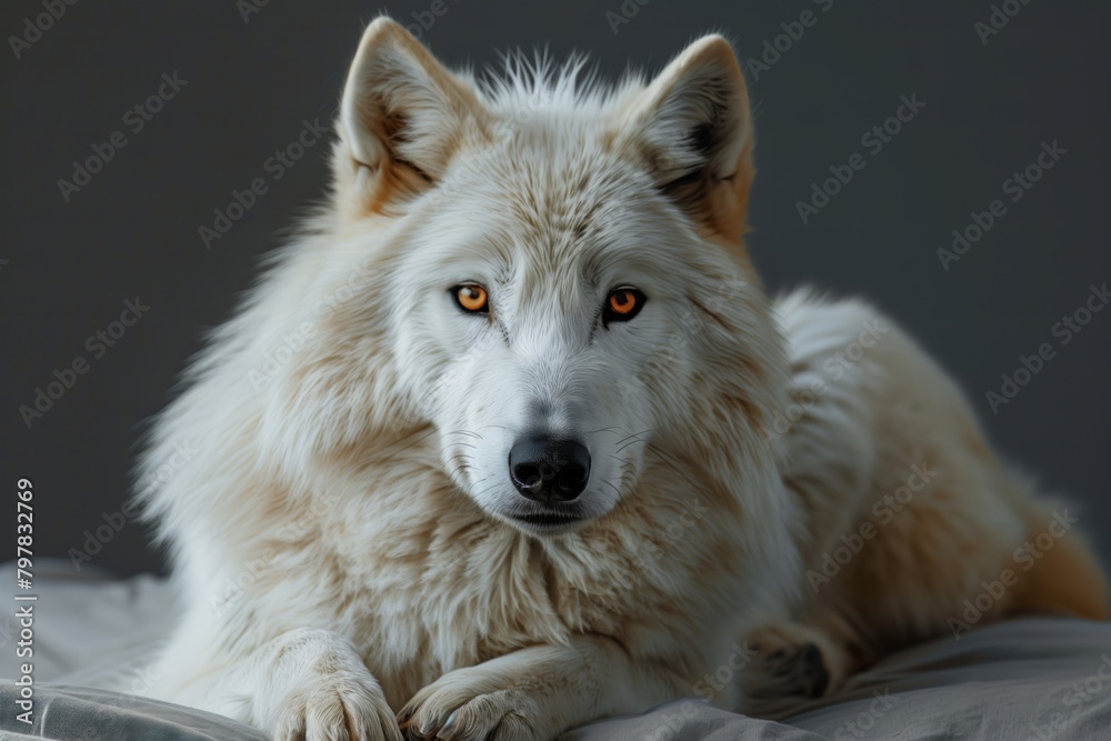 Fototapeta premium White Wolf portrait. A beautiful white wolf posing for the camera. Wild Life photography of a white wolf.
