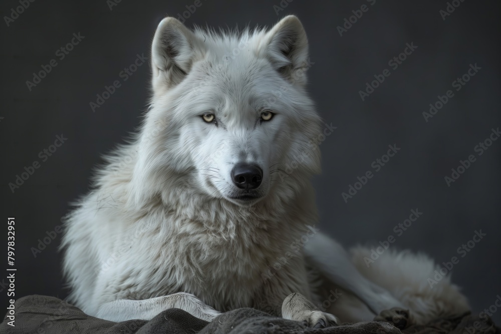 Obraz premium White Wolf portrait. A beautiful white wolf posing for the camera. Wild Life photography of a white wolf.
