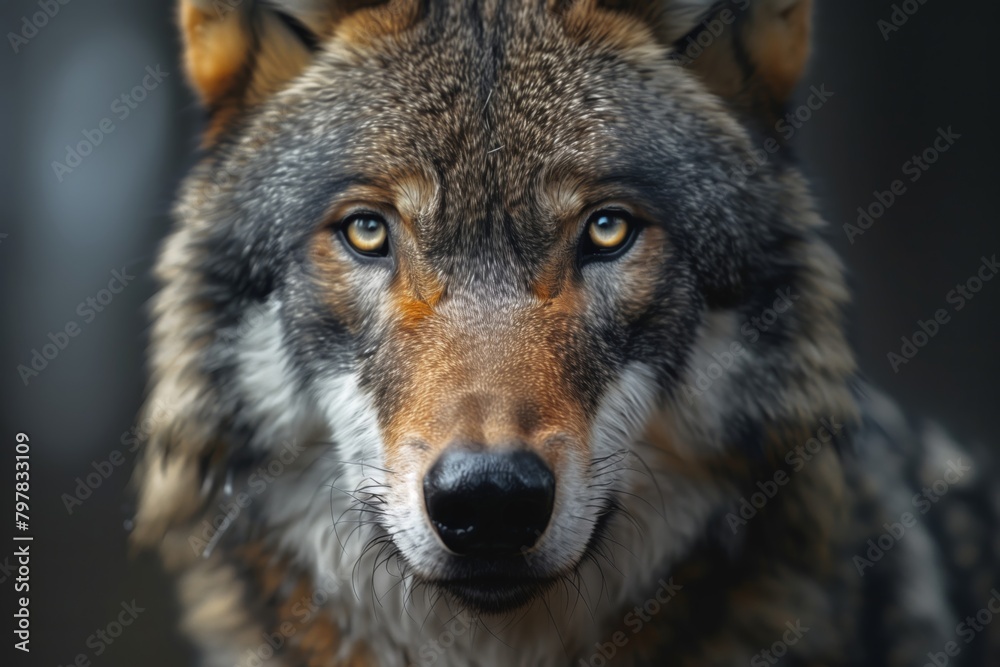 Fototapeta premium Wolf portrait. A beautiful wolf posing for the camera. Wild Life photography of a wolf.