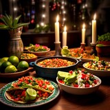 Family-gathering-for-a-cinco-de-mayo-fiesta-with-tables-filled-with-traditional-mexican-dishes 
