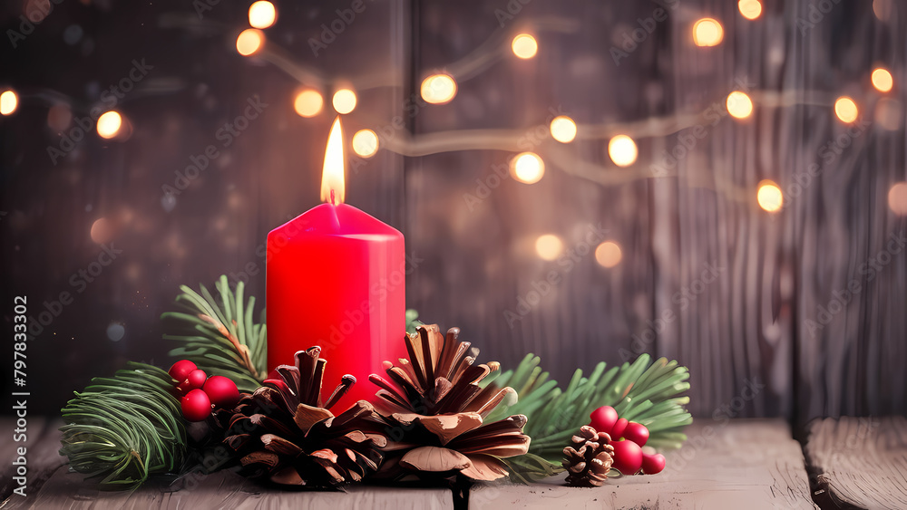 Christmas background - First Advent Sunday - Red Advent candle with natural Xmas decoration, branches and pine cones on rustic wood with magic lights