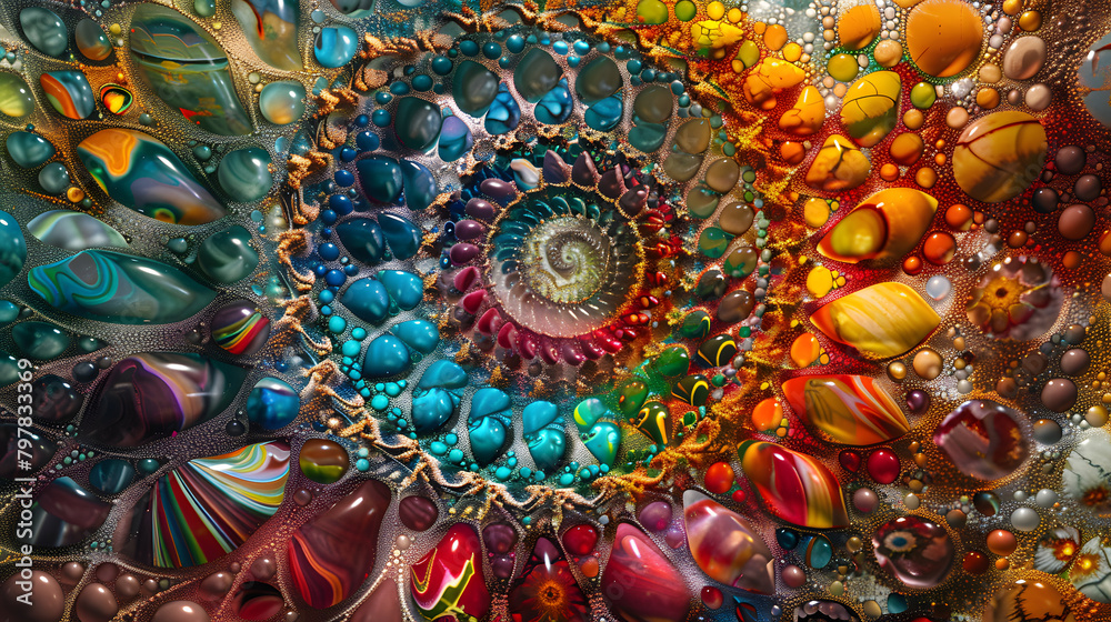 Multicolored marbles align to construct a radiant and intricate design. 