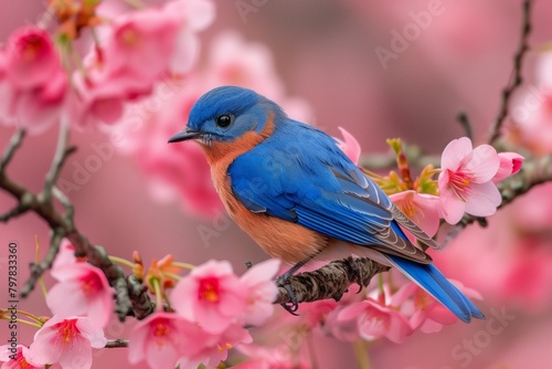 Bluebird perched on cherry blossom branch © Anna