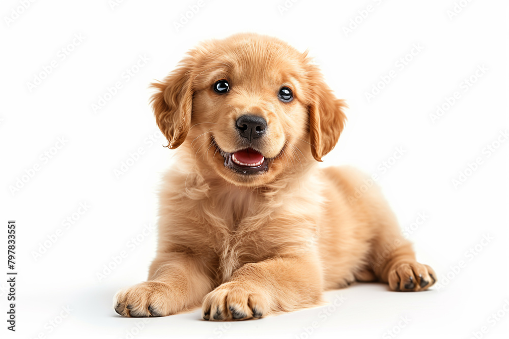 With a joyful expression, the adorable golden retriever puppy rests peacefully on a white backdrop.