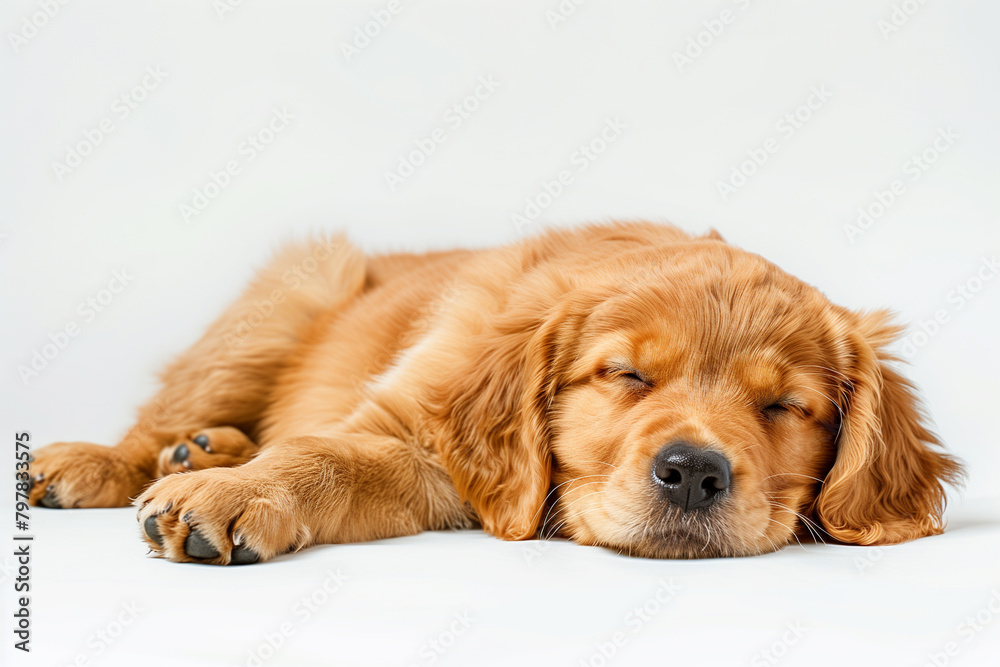 In a scene of tranquil beauty, the golden retriever puppy sleeps peacefully, capturing a moment of pure comfort and innocence.