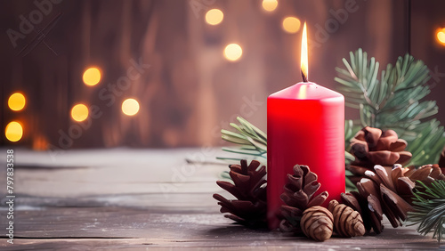 Christmas background - First Advent Sunday - Red Advent candle with natural Xmas decoration, branches and pine cones on rustic wood with magic lights © Daniel