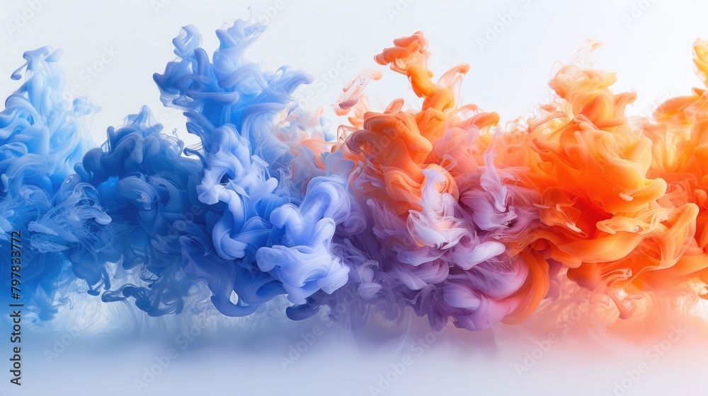 Obraz premium Generative AI Illustration of colorful smoke horizontal flow isolated on white background. Creative dynamic backdrop digital art.