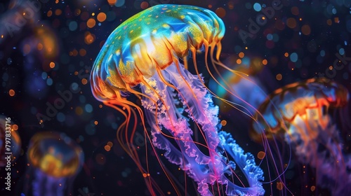 A colorful jellyfish is floating in the dark blue water photo