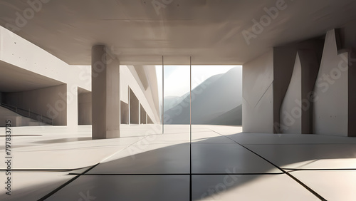 Abstract of concrete interior with sun light cast the shadow on the floor ,Geometric structure design,Museum space on mountains view background, Perspective of brutalism architecture