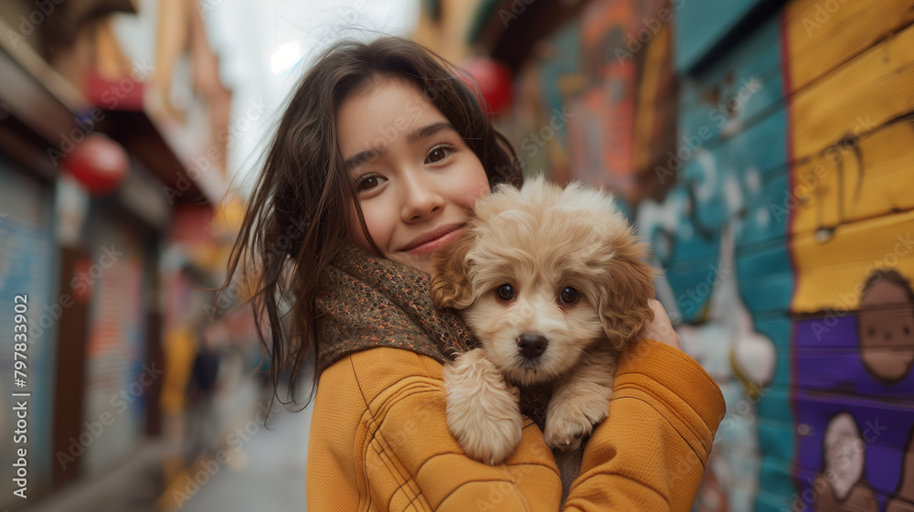 A young Asian woman shares a heartwarming hug with her adorable puppy, against the colorful graffiti of a lively urban alley. A young Asian woman shares a heartwarming hug with her adorable puppy, against the colorful graffiti of a lively urban alley.