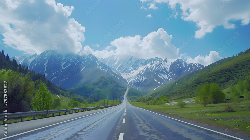 Naklejka premium On both sides of the highway are picturesque mountains. and a picturesque 8K ultra-high definition picture 