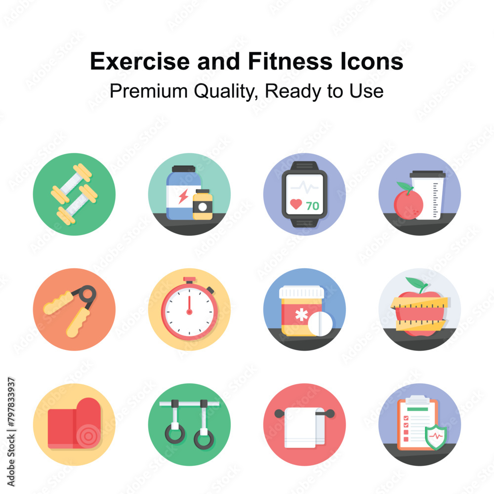 Exercise and fitness icons set, ready for premium use