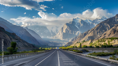 On both sides of the highway are picturesque mountains. and a picturesque 8K ultra-high definition picture  photo