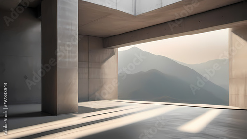 Abstract of concrete interior with sun light cast the shadow on the floor ,Geometric structure design,Museum space on mountains view background, Perspective of brutalism architecture