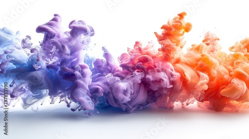 Generative AI Illustration of colorful smoke horizontal flow isolated on white background. Creative dynamic backdrop digital art.