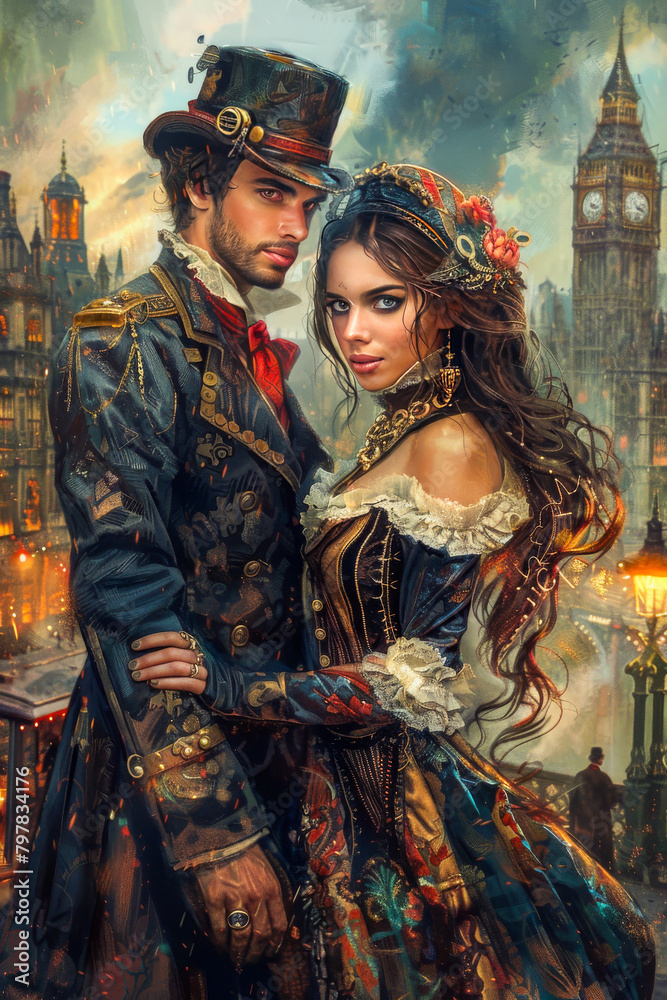 Handsome Steampunk Couple in Victorian London.  Generated Image.  A digital rendering of a handsome Steampunk loving couple in Victorian London, England.