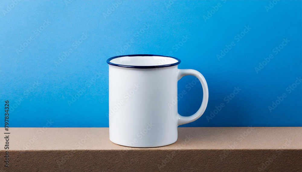 Close-up of ceramic white cup on isolated blue background. Tea or coffee mug. Drink ware. Mock up. Close-up of ceramic white cup on isolated blue background. Tea or coffee mug. Drink ware. Mock up.