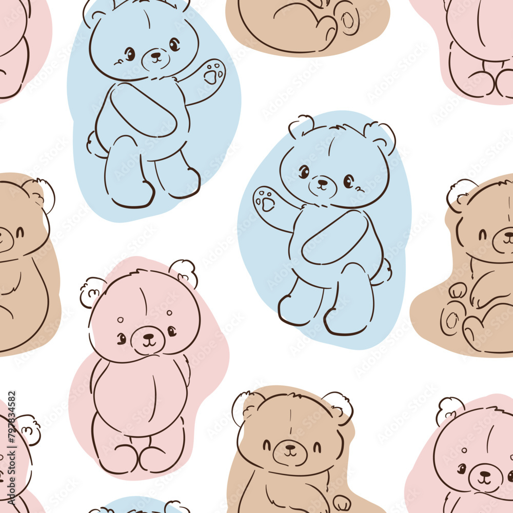 Obraz premium Hand Drawn Cute little Teddy Bear, vector illustration, Print for baby, newborns design seamless pattern