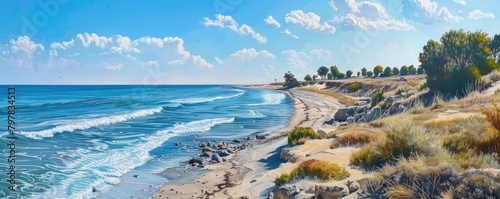 A beautiful view of the coastline with beach and sea. photo