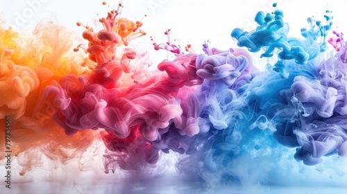 Generative AI Illustration of colorful smoke horizontal flow isolated on white background. Creative dynamic backdrop digital art.