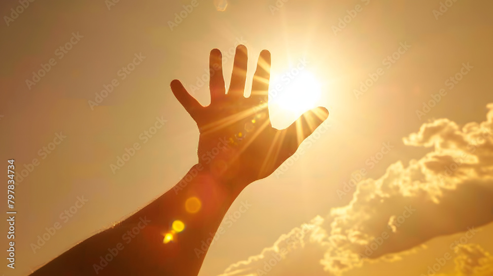 person reaching their hand towards the sun. with clear sunlight surrounding them 