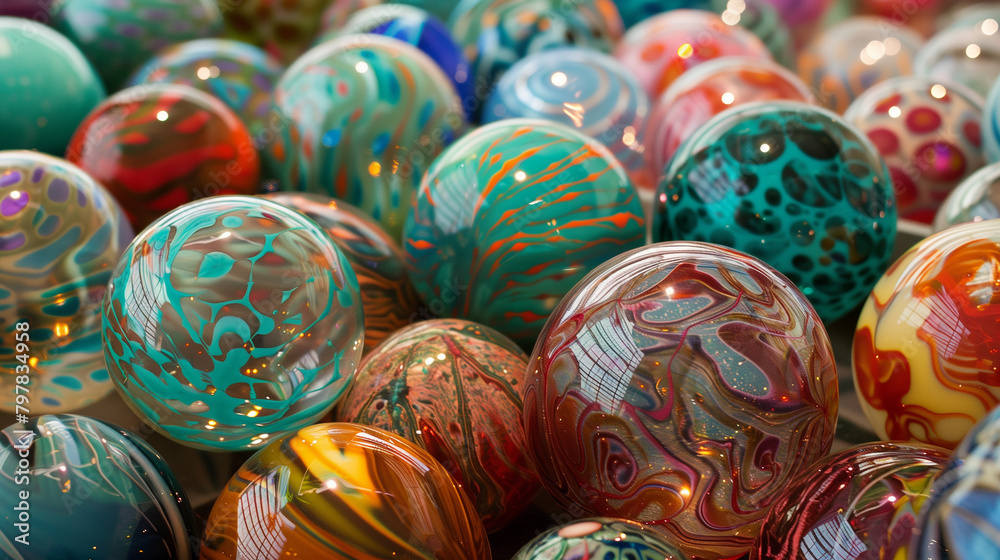 A bunch of colorful marbles are sitting in a bowl. The marbles are of different sizes and colors, creating a vibrant and lively scene. The bowl is filled with the marbles