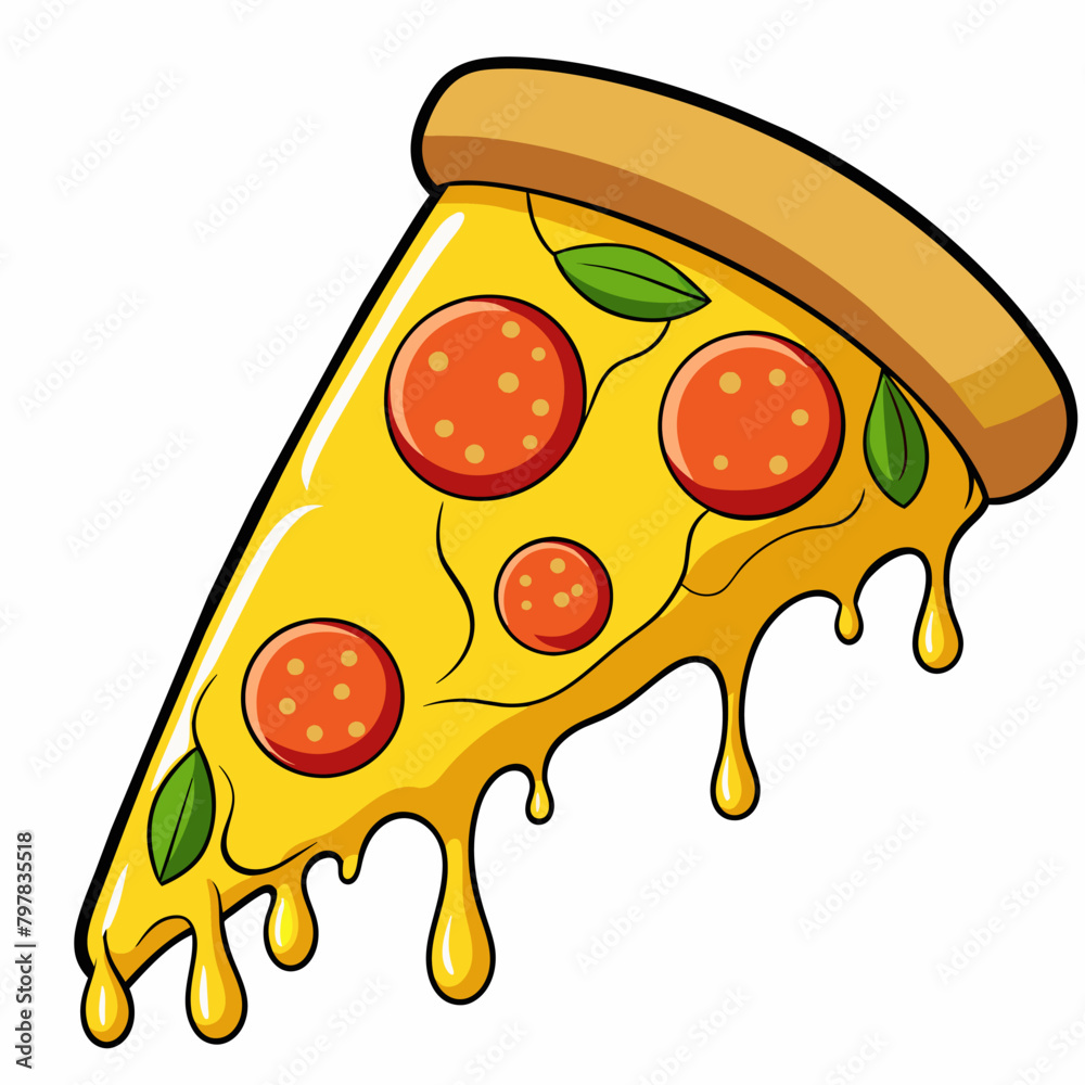 Vector illustration. Pizza cutout with melted cheese and pepperoni. Cartoon stickers in comic style with contour. Decoration for greeting cards, posters, patches, clothing prints, emblems Vector illustration. Pizza cutout with melted cheese and pepperoni. Cartoon stickers in comic style with contour. Decoration for greeting cards, posters, patches, clothing prints, emblems