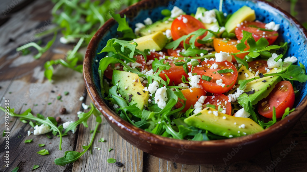 A vibrant and colorful salad bowl, bursting with fresh greens, ripe tomatoes, sliced avocado, and crumbled feta cheese. A vibrant and colorful salad bowl, bursting with fresh greens, ripe tomatoes, sliced avocado, and crumbled feta cheese.