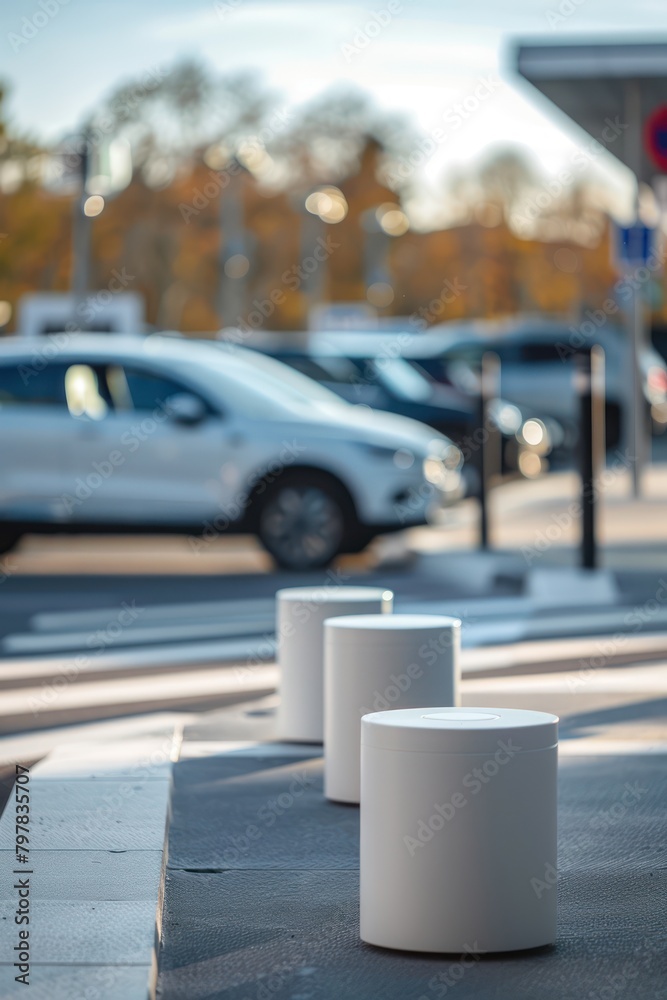 Obraz premium Empty white podium against the background of the street