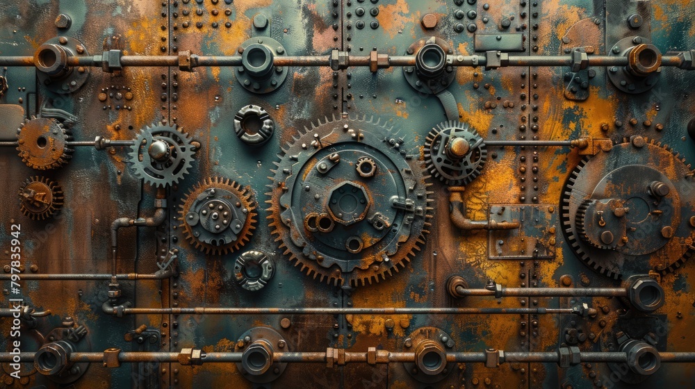 A pile of old gears and mechanical parts arranged on iron sheets