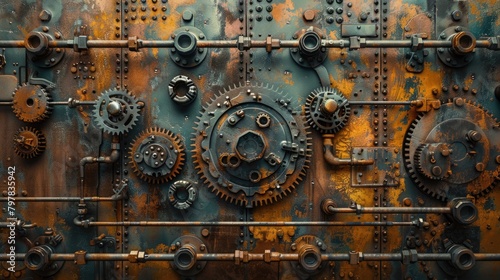 A pile of old gears and mechanical parts arranged on iron sheets