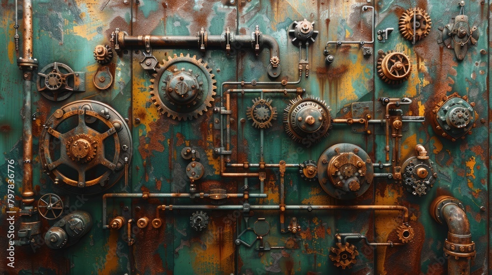 A pile of old gears and mechanical parts arranged on iron sheets