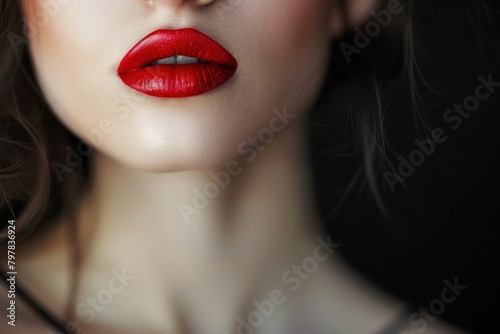 Close up portrait of a woman with vivid red lips and glossy finish makeup providing a bold and glamorous look