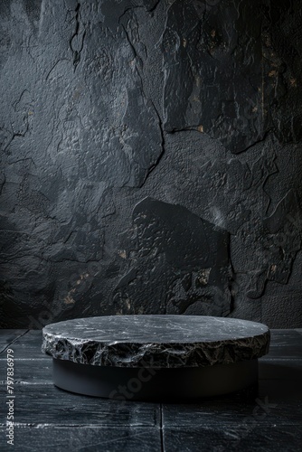 Luxury organic mockup with dark rock shape podium. Round rough stone pedestal. Empty base for product promotion photo