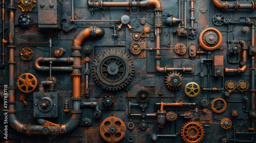 A pile of old gears and mechanical parts arranged on iron sheets