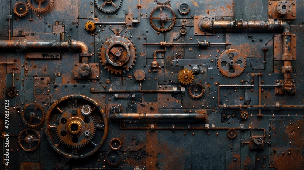 A pile of old gears and mechanical parts arranged on iron sheets