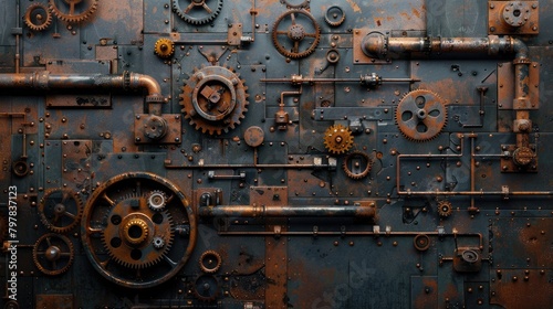 A pile of old gears and mechanical parts arranged on iron sheets