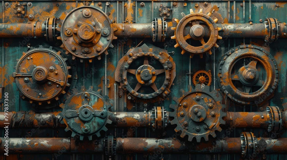 A pile of old gears and mechanical parts arranged on iron sheets